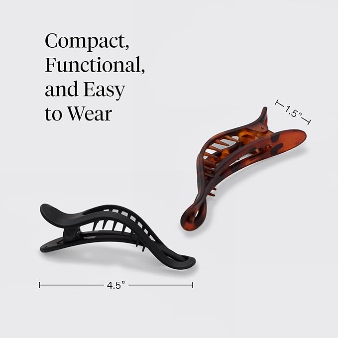 Kitsch Flat Hair Clips for Women - Strong Hold, No Slip Grip Flat Claw Clips | Sleek Curved Design For Comfortable Look | Hair Accessories For Girls | Ideal Gifts for Women - Black & Tortoise, 2pcs