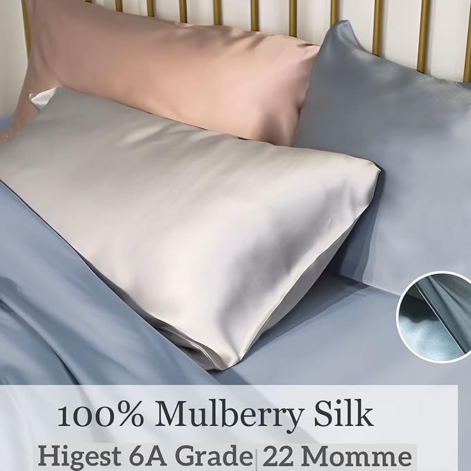 100% Mulberry Silk Pillowcase for Hair and Skin Made in USA, Real 22 Momme Silk Pillow Cases Queen, Not Satin Pillowcase, Anti Acne,Zipper Closure, 1 Pc 20"x30" (Queen, Blue Grey)