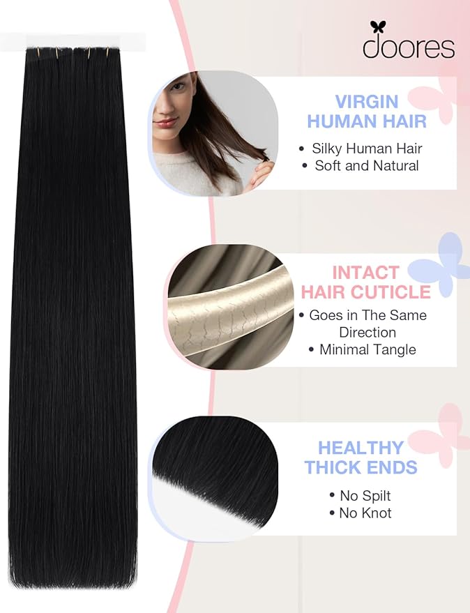 DOORES Invisible Hair Extensions Tape in Invisi Edge, Jet Black 10 Injection Tape-ins with 10 Injection Tape-ins 50g 18 Inch, Injected Tape in Extensions Virgin Human Hair Thick