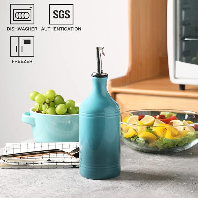 Sweejar Ceramic Olive Oil Dispenser Bottle, Opaque Oil Cruet Protects Oil to Reduce Oxidation, Suitable for Oil, Vinegar, Coffee Syrups & Other Liquids, Pack of 1, 15.5 Fl Oz (Gradient Blue)