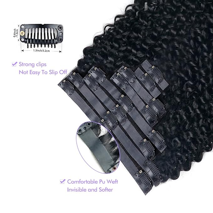 Seamless 3C 4A Kinky Curly Clip In Extension PU Weft Curly Clip in Extension Human Hair Clip Ins Full Head for Black Women Brazilian Remy Human Hair Natural Color 8Pcs with18clips 120g/Set (24 inch)