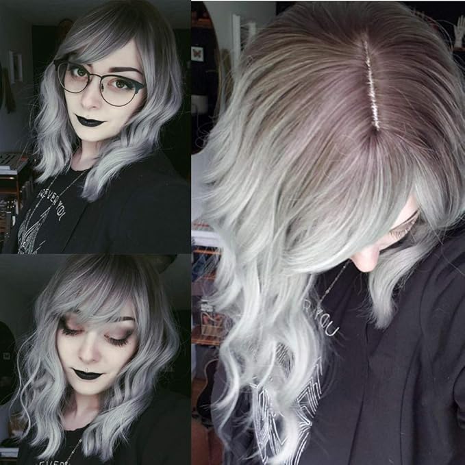 FAELBATY Grey Wigs with Bangs Women Girl's Ombre Grey Bob Wig Synthetic Cosplay Costume Wigs (12" Dark Root Ombre Grey)