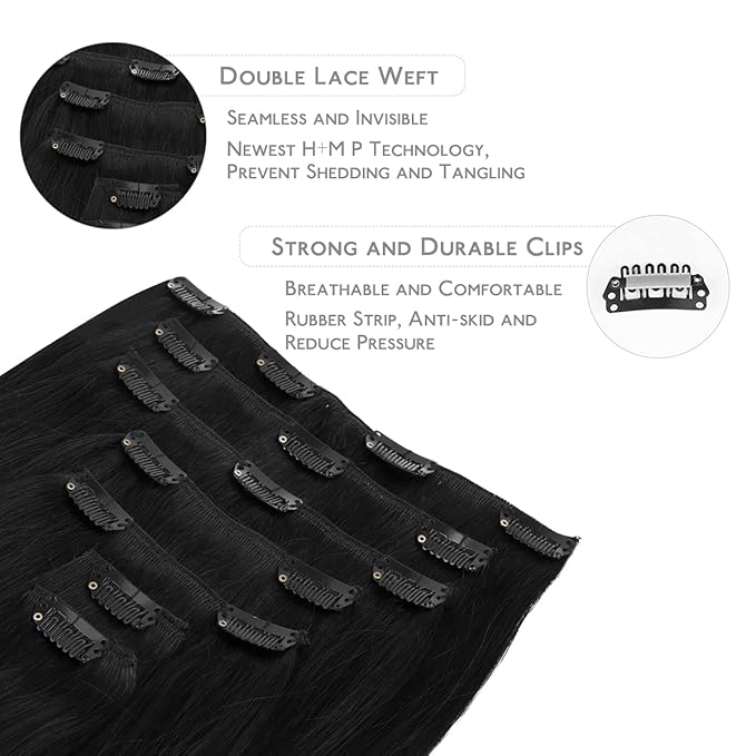 WENNALIFE Clip in Hair Extensions Real Human Hair, 22 Inch 120g 7pcs Jet Black Hair Extensions Clip in Human Hair Remy Clip in Hair Extensions Natural Human Hair Extensions Double Weft
