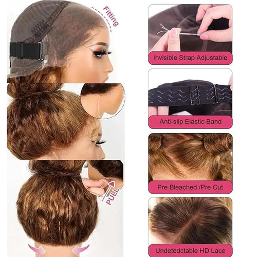 360 Deep Wave Lace Front Wigs Human Hair 220% Density Honey Blonde Drawstring Deep Curly Human Hair wig Ombre 4/27 Highlight Lace Front Wigs Pre Plucked Wet And Wavy Water Wave Wig for Women 26 Inch
