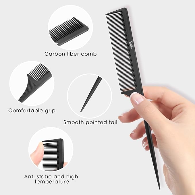 Rat Tail Comb 2-in-1 Rat Tail Comb for Women - Fine Tooth Parting Tip, Carbon Fiber Root Teasing, Anti-Static - Hair Combs for Styling(White, Black)