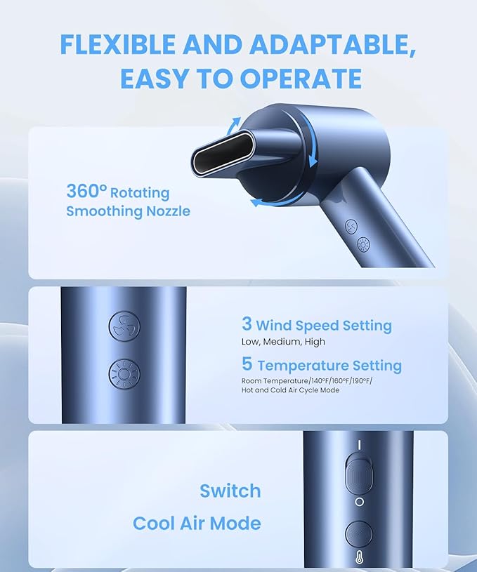 Hair Dryer, 150000 RPM Lightweight High Speed Ionic Blow Dryer for Fast Drying, 500 Million Negative Ions Care & Heat-Control Hairdryer with Magnetic Diffuser & Nozzle, 5 Temps & 3 Speeds