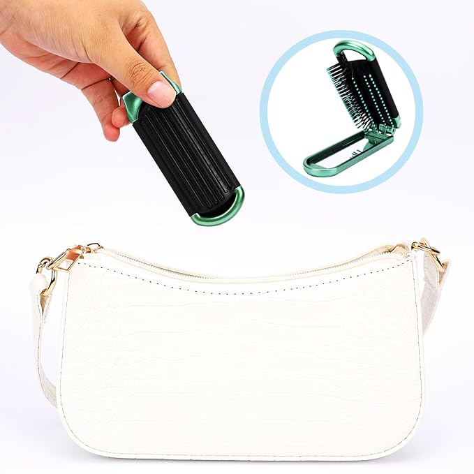 Mini Folding Compact Hair Brush with Mirror for Women and Girls, Massage and Pocket Comb for Travel, Gym, Purse, Swimming (Blue & Green)