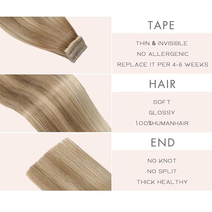 Balayage Medium Brown Mixed Dark Blonde Tape in Hair Extensions Human Hair 16 Inch 20pcs Remy Human Hair Extensions Tape in Straight Seamless Skin(10/10/22#, 20 Inch)
