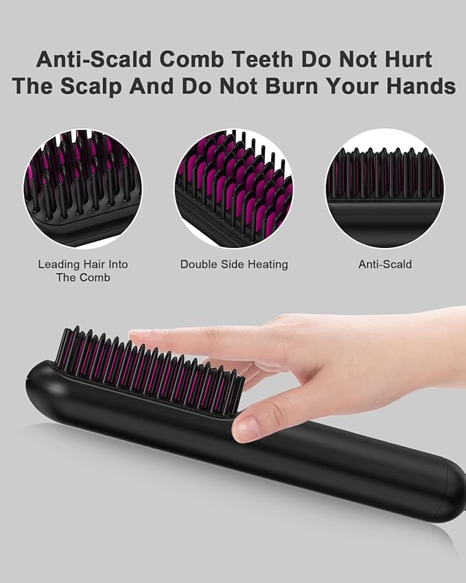 Rechargeable Hair Straightener Brush - 6400mAh Large Capacity Battery - Portable Straightening Brush Comb - Mini Cordless Ionic Straightener for Women - Great for Travel & Home ACSGPG
