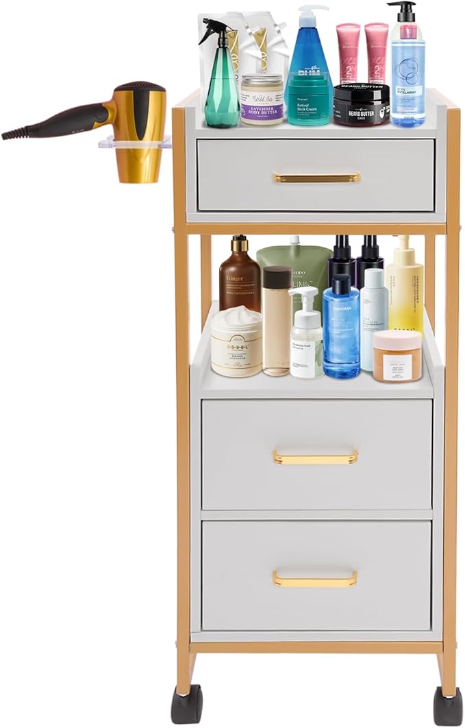 Salon Trolley with Wheels, 3 Drawers Salon Cart with Hair Dryer Holder Utility Salons Cabinet for Tools Storage at Barbershop Beauty Salons Tattoo Shop (White)