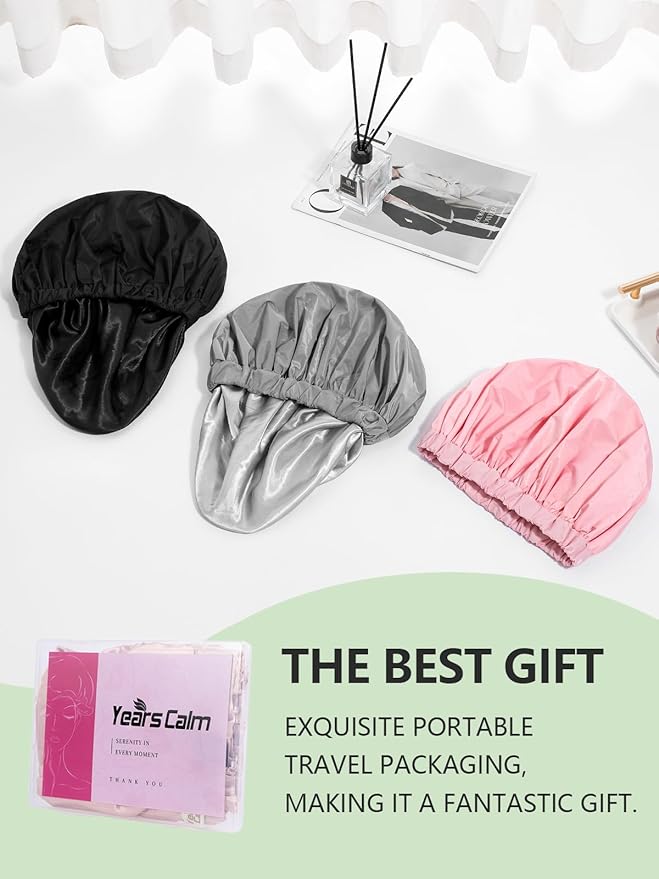 Years calm Reusable Waterproof Shower Caps for Women, Hair Caps for Showers, Double-Layer Elastic Design, for All Hairstyles, Travel-Friendly (grey)