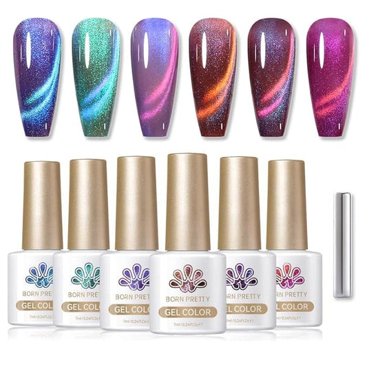 Born Pretty Magnetic Gel Nail Polish Set,Purple Blue Cat Magnetic Eye Gel Jelly Glass Crystal Magnetic Gel Polish Nail Art Manicure Kit 6PCS