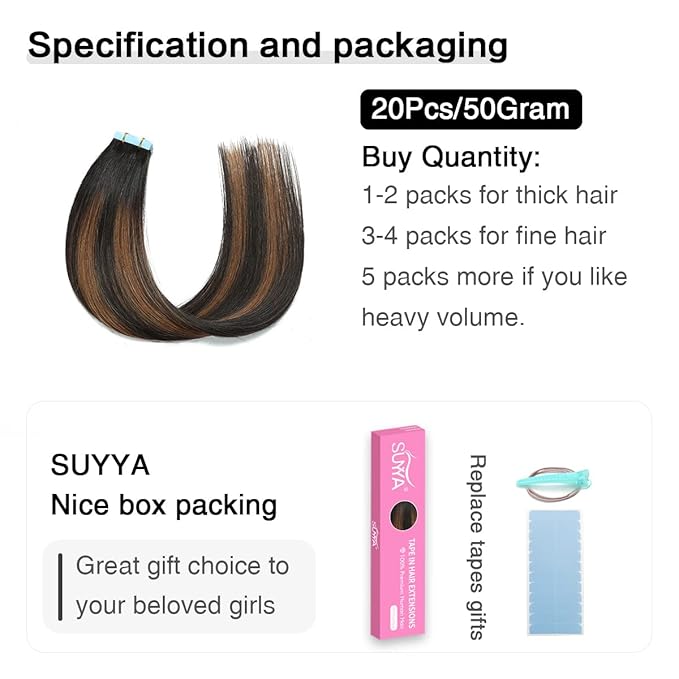 SUYYA Tape in Hair Extensions Human Hair Balayage Natural Black to Chestnut Brown 18 Inch 50g/pack 20pcs Straight Seamless Skin Weft Tape in Real Human Hair Extensions(18inch #P1B/6/T1B)