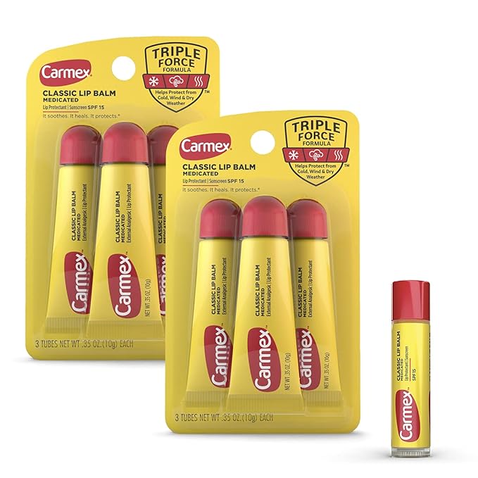 Carmex Classic Medicated Lip Balm Pack, Lip Moisturizer for Chapped Lips, 7 Count (6 Tubes and 1 Stick)