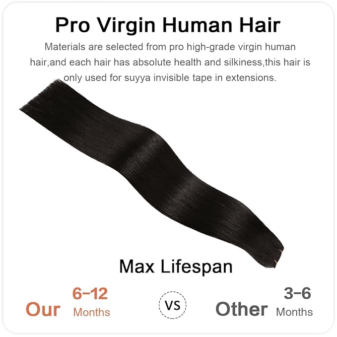 SUYYA Invisible Tape in Hair Extensions Human Hair Natural Black Seamless Injected Hand-Tied Pro Quality Virgin Human Hair 20PCS 50G/Pack Straight Tape Ins(18 inch #1B Off Black)