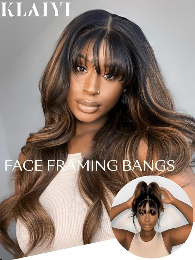KLAIYI Ombre Brown Loose Body Wave Bye Bye Knots Glueless Precut 7x5 HD Lace Front Human Hair Bang Wig Drawstring Highlight Balayage Brown Pre Plucked Bleached 30S Ready to Wear and Go Wig 180% 24Inch