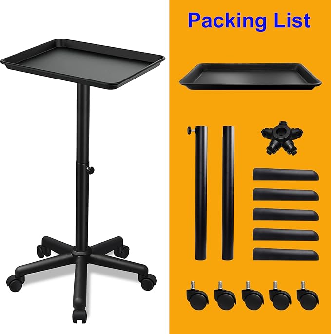Salon Tray on Wheels- Adjustable Salon Service Rolling Tray Suitable for Mayo Stand,Tattoo Tray and Dentist Tray(Black)