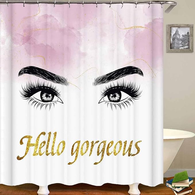 4PCS Hello Gorgeous Eyelash Shower Curtain Set, Gold Glitter Quotes Black Eyebrow Makeup Pink Marble Glam Modern Fashion Girly Women Bathroom Decor, Non-slip Bath Mat Toilet Rug, Charming Eyes