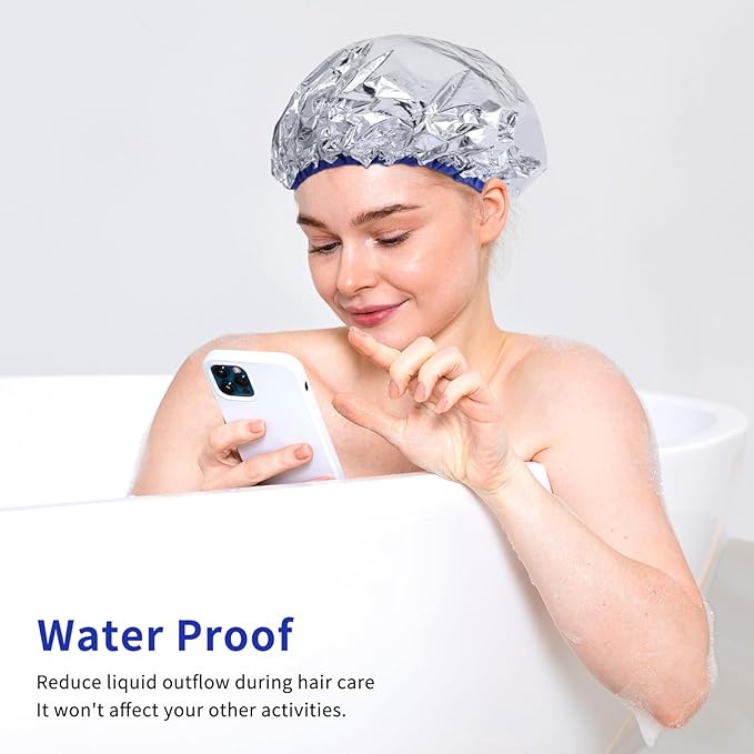 4 Pcs Heat Cap for Deep Conditioning Aluminum Foil Heat Cap Reusable Steam Processing Caps Thickened Shower Caps for Long Hair Dyeing Home Salon White Blue Hot Oil Tools