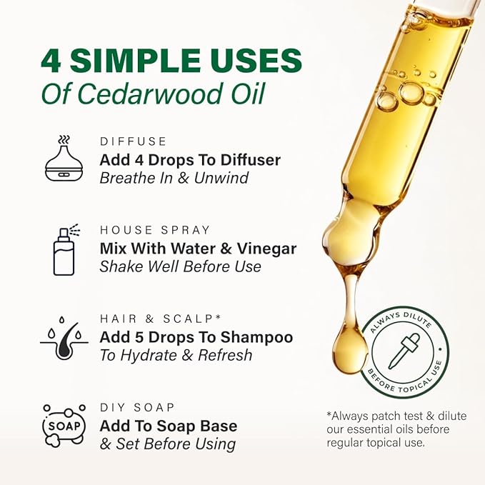 KUKKA Cedarwood Essential Oils - 4 Fl Oz - for Hair, Skin, Diffuser, Aromatherapy & DIY Soap Making Scent