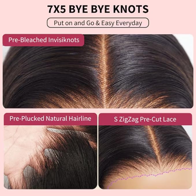 YIROO Bye Bye Knots Glueless Wig Highlight Ombre Chestnut Brown Loose Wave Lace Front Wig Pre Plucked Pre Bleached Pre Cut 7x5 HD Lace Closure Wig Put on and Go Ready to Wear Wig 150% Density 18inch