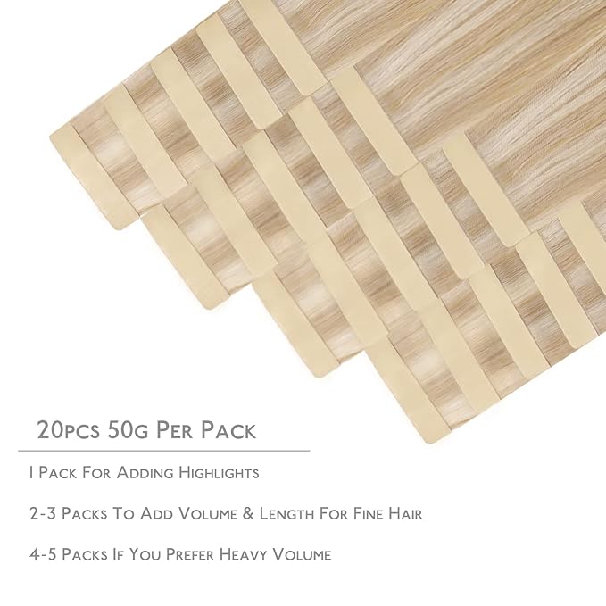 WENNALIFE Tape in Hair Extensions Human Hair, 20pcs 50g 18 inch Dirty Blonde Highlighted Bleach Blonde Remy Hair Extensions Straight Human Hair Tape in Extensions Skin Weft Extensions Hair