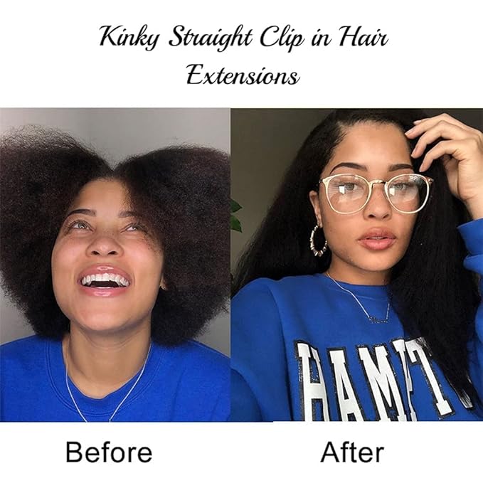 Kinky Straight Clip in Hair Extensions Real Human Hair Natural Black Clip ins for Women 24 Inch 120g 8pcs Seamless Kinky Straight Clip on Extensions Human Hair