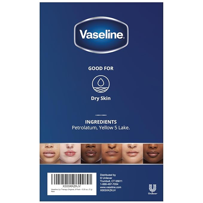 Vaseline Lip Therapy Original – Mini Vaseline Lip Balm, Hydrating Petroleum Jelly, Clear Lip Gloss, Travel-Size, 0.25 Oz Ea (Pack of 6)