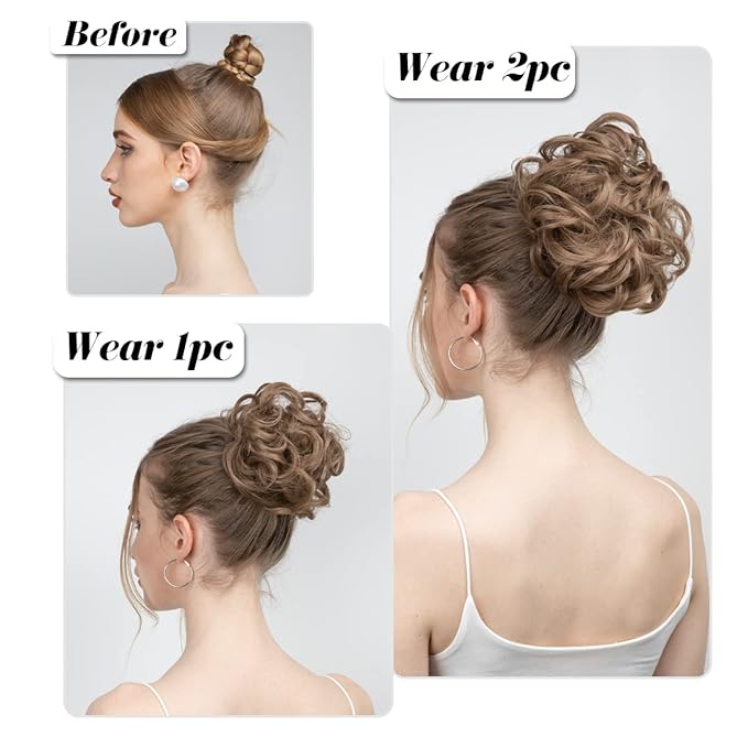SARLA 2PCS Messy Hair Bun Hair Pieces Wavy Curly Synthetic Updo Fake Scrunchies Ponytail Extension for Women Brunette Blonde Multi