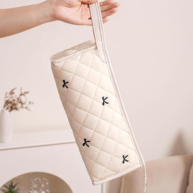 Large Quilted Hair Tools Travel Bag,Aesthetic Waterproof Hair Styling Accessories Storage Case for Flat Irons,Straightener,Curling Iron,Hair Dryer,Dyson Airwrap Travle Bag（05White Bow）