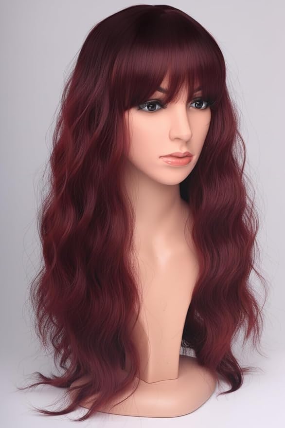 24 Inch Burgundy Wavy Wig with Bangs, Heat Resistant Synthetic Hair for Women, Adjustable Cap with Snap Clips for Daily Use, Wedding, Cosplay