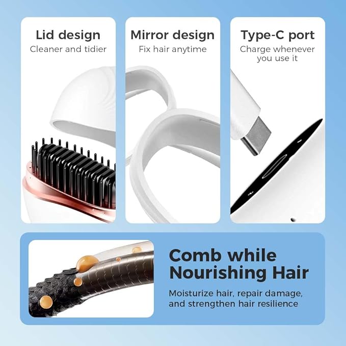 Mini Straightener,Portable Fast Heating Hair Straightener Comb with Mirror,Wireless 2-in-1 Hairs Dressing Combs for Home Travel Gift,Straight Hair Comb with 3 Adjustable Temperatures (White)