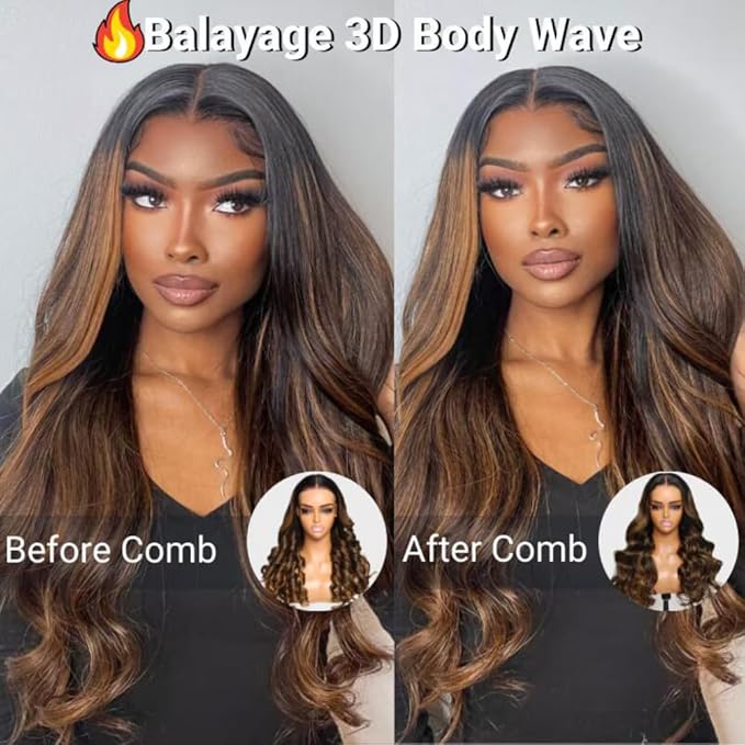 KLAIYI Bye Bye Knots Glueless Wig Ombre Brown Body Wave Pre Cut 7x5 HD Lace Front Wigs Human Hair Pre Plucked Pre Bleached Pre Everything Wear and Go Wig 12A Highlight Balayage 3S Ready To Wear 20Inch