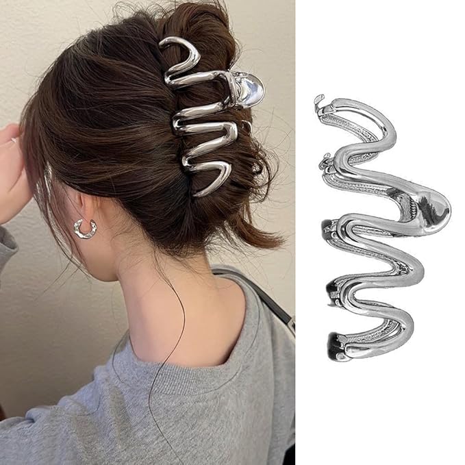 1 Pack Metal Sliver Hair Claw Clips Irregular Waves Design Hair Clips Fashion Hair Accessories Strong Hold Jaw Clamp Clip for Thick/Thin Hair Nonslip Hair Barrette for Women Girl Daily Hair Decoration