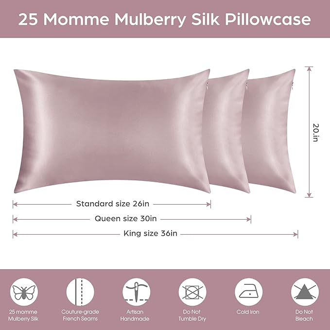 Silk Pillowcase for Hair and Skin, 2 Pack 100% Mulberry Silk Pillowcase 25 Momme, 600 Thread Count, Both Side Pure Silk Pillow Cover with Hidden Zipper (ApricotGray, King 20''×36'')