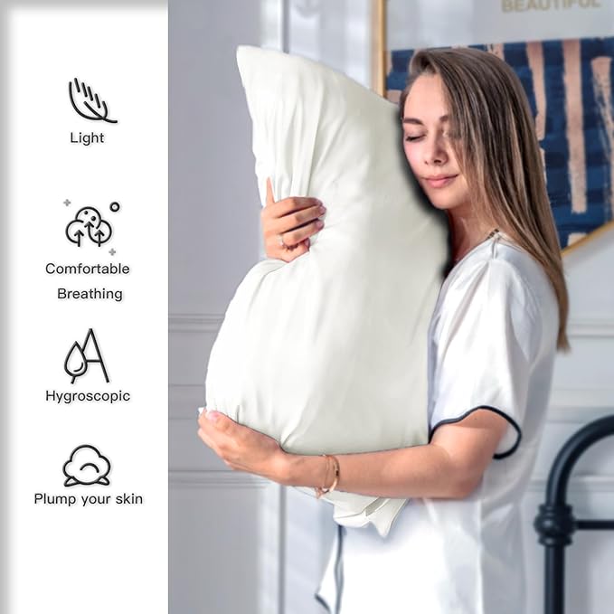 Silk Pillow Cases 2 Pack Soft Breathable and Sliky Queen Size Pillow Cases Set of 2,Natural Mulberry Satin Silk Pillowcase with Hidden Zipper for Hair and Skin (Ivory,20"X 30",2pcs)