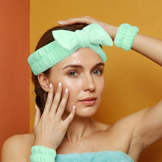 7 Pcs Spa Set, Facial Headband and Wristband Set, Skincare Accessories, College Style Girl Idea Gifts, Hair Accessories for Women and Girls（Light Green）