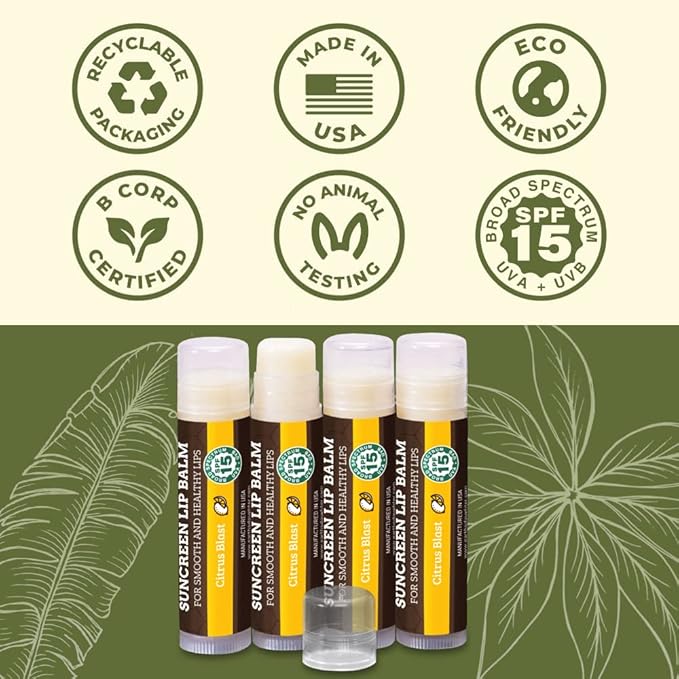 SPF Lip Balm 4-Pack by Earth's Daughter - Lip Sunscreen, SPF 15, Organic Ingredients, Citrus Flavor, Beeswax, Coconut Oil, Vitamin E - Hypoallergenic, Paraben Free, Gluten Free