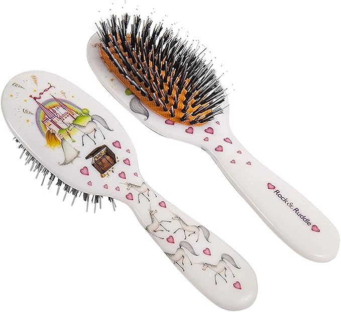 Rock & Ruddle Natural Mixed Boar Bristle Hair Brush for Women and Kids (Small/Travel Size, 17.5cm) - Perfect for Wet or Dry Hair, Detangling Smoothing Blowdrying - Made in UK - Unicorns Design