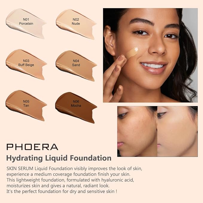 PHOERA Hydrating Essence Foundation,Waterproof and Light Long Lasting Makeup Hypoallergenic Flawless Soft Full Coverage Facial Tinted Foundation Serum. (N02 Nude)