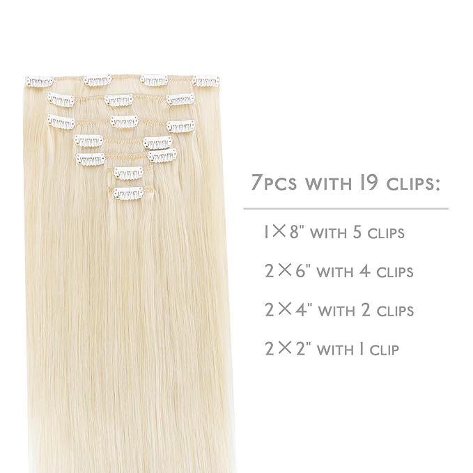 WENNALIFE Clip in Hair Extensions Real Human Hair, 20 Inch 120g 7pcs Platinum Blonde Hair Extensions Clip in Human Hair Remy Clip in Hair Extensions Real Human Hair Double Weft