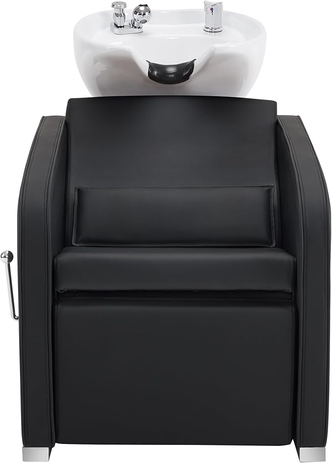 BarberPub Backwash Shampoo Chair and Bowl Set, Adjustable Porcelain Ceramic Hair Wash Bowl Sink Unit, Shampoo Station Chair for Spa Beauty Salon Hair Salon Equipment 9370 (Black&White Bowl)