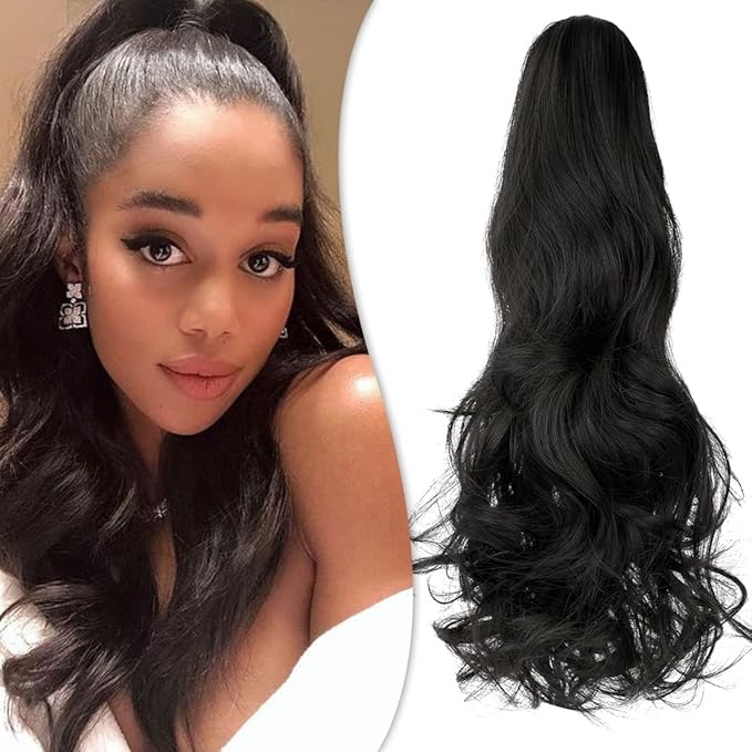 Claw Clip Ponytail Extension 18" Clip in Wavy Ponytail Hair Extensions Long Pony Tails for Women Extensions Natural Black Wave Hairpiece