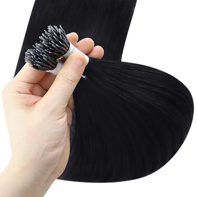 YoungSee Nano Beads Hair Extensions Black Nano Ring Hair Extensions Human Hair Jet Black Nano-Tip Hair Extension 16 Inch Nano-link Extension Natural Looking for Black Women 50s 50g
