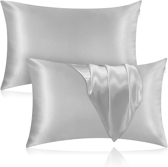Silk Pillowcase for Hair and Skin, 2 Pack 100% Mulberry Silk Pillowcase 25 Momme, 600 Thread Count, Both Side Pure Silk Pillow Cover with Hidden Zipper (Gray, Standard 20''×26'')