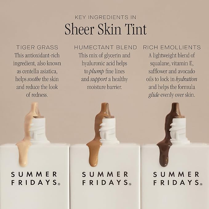 Summer Fridays Sheer Skin Tint - Tinted Moisturizer with Hyaluronic Acid - Helps Diminish Uneven Skin Tone - Sheer to Light Coverage - Shade 8 - Medium Deep with Neutral Warm Undertones (1 Fl Oz)