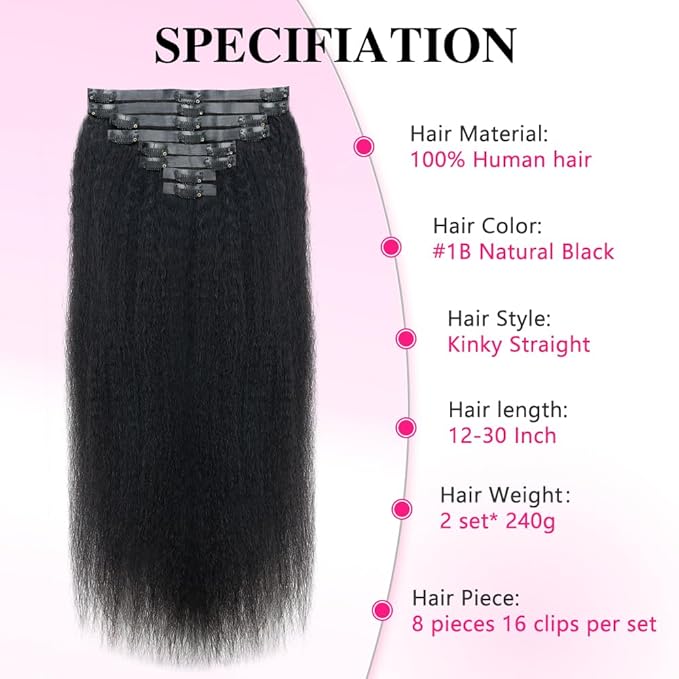 Invisi Edge Clip In Hair Extensions Human Hair 2 Pack 240g 16pcs Kinky Straight Invisible Clip Ins For Women Full Head Injected Clip Ins Remy Human Hair Extensions Natural Color 24inch