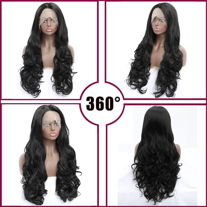 Long Black Synthetic Lace Front Wig Heat Resistant Body Wave Lace Front Wavy Wigs Free Part Natural Hair Wig for Women 24 Inch Fashion Glueless (24 Inch)