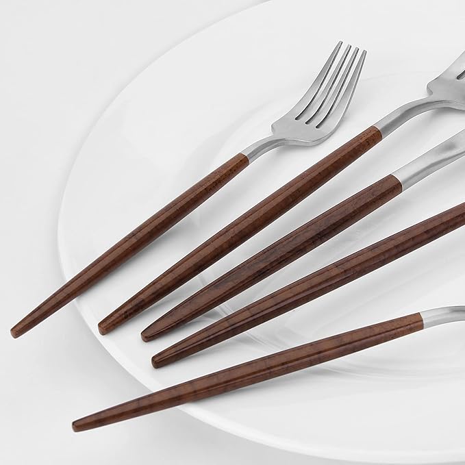 Matte Silver Silverware Set With Brown Handle, Vanys 20 Piece Stainless Steel Cutlery Flatware Set, Kitchen Utensil Sets for 4, Tableware With Knife Spoons And Forks Set, Satin Finished Polished