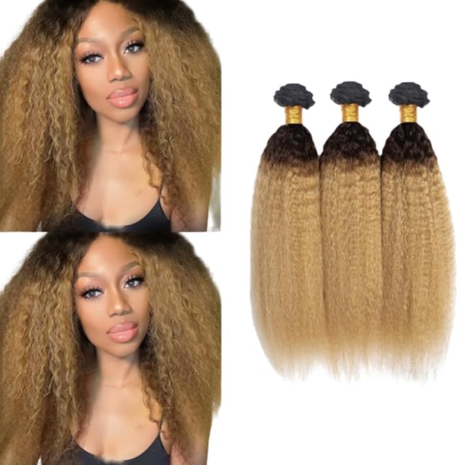 30 32 34 Inch Ombre Bundles Human Hair 1B27 Kinky Straight Bundle Niegmeag Virgin Remy Hair Extensions Double Weft 2 Tone Black and Honey Blonde Yaki Straight Bundle Hair Weave
